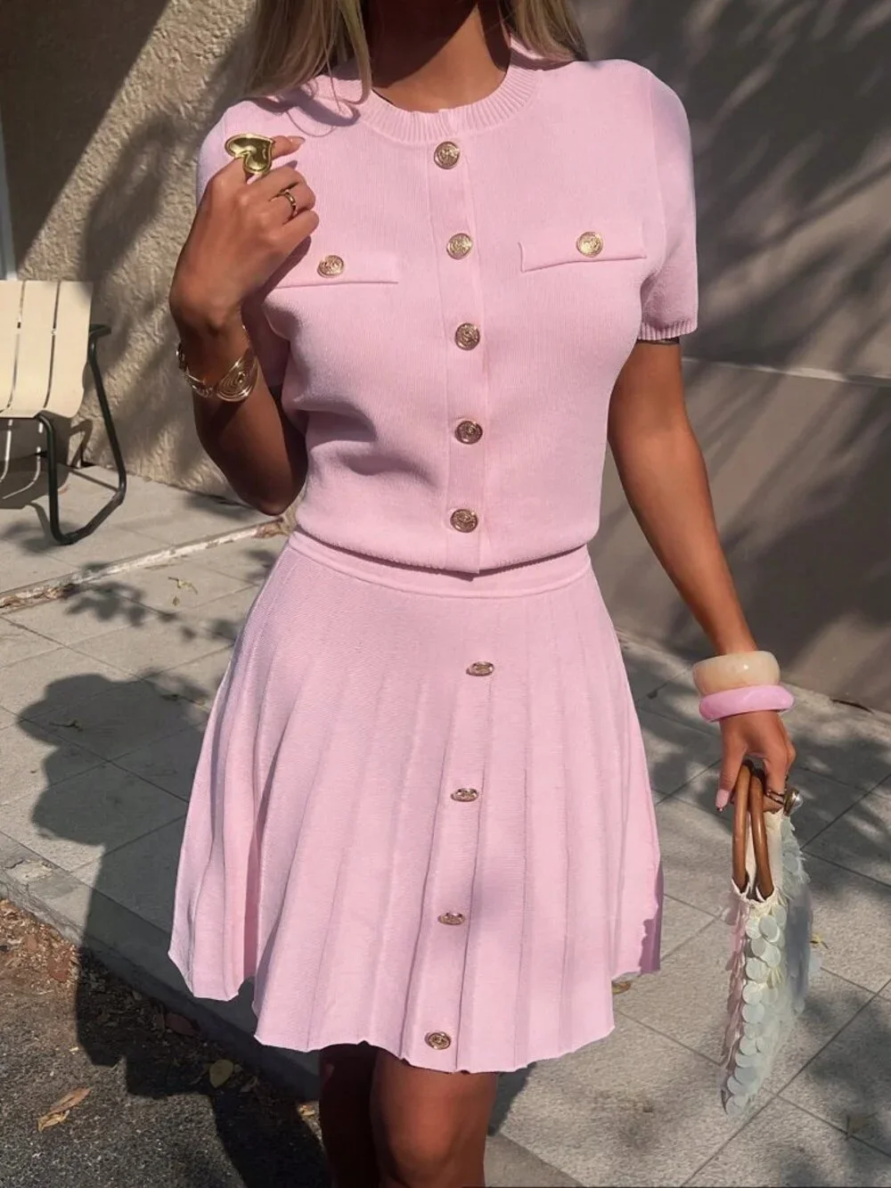 Pink Elegant Women's Short Sleeve Knit Sweater & Pleated Skirt 2-Piece Set